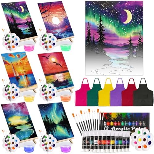 Cholemy 6 Set Paint and Sip Kit for Adults 8"x 10" Pre Drawn Canvas Painting with Wooden Easel Acrylic Paint Wash Cup Brushes Palette Apron for Painting DIY Adult's Date Party Supplies(Landscape) by Cholemy