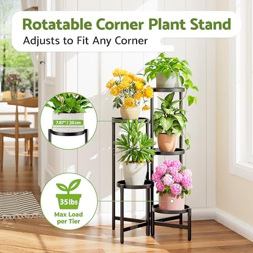 Tall Plant Stand Indoor Outdoor, Corner Metal Flower Pot Stands for Multiple Plants, 5 Tier Heavy Duty Plant Shelf for Patio Garden Balcony Living Room Bedroom - BlackDisk - Image 2