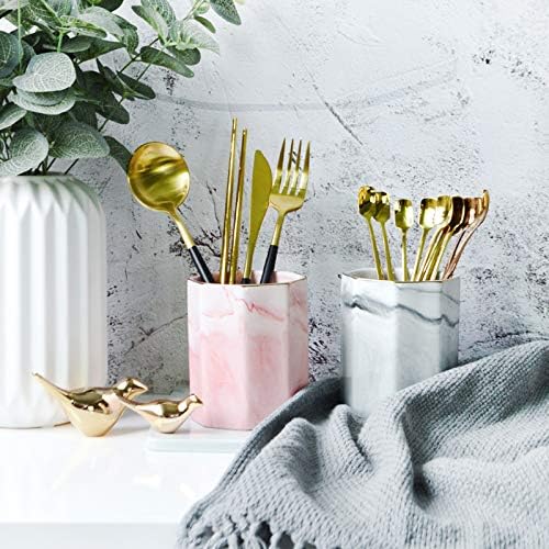Pen Pencil Holder for Desk, Durable Ceramic Pens Organizer, Makeup Brush Holder, Table Decor and Desk Accessories, Perfect Office Home Organization for Women Girl, Teacher Supplies, Pink Marble - Image 6