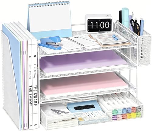 OPNICE Desk Organizers and Accessories, 4-Tier Desktop File Organizer with Drawer and Pen Holders, Office Desk Accessories Workspace Organizers for Office Supplies (Soft White) by OPNICE