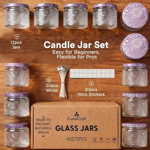 LumaCraft Luxury Embossed Glass Candle Jars for Making Candles - 12 Pack Empty Candle Containers with Airtight Metal Lids, 20 Wicks & 20 Stickers, Colored Glass Jars for Gifts & Decor-4oz - Image 2