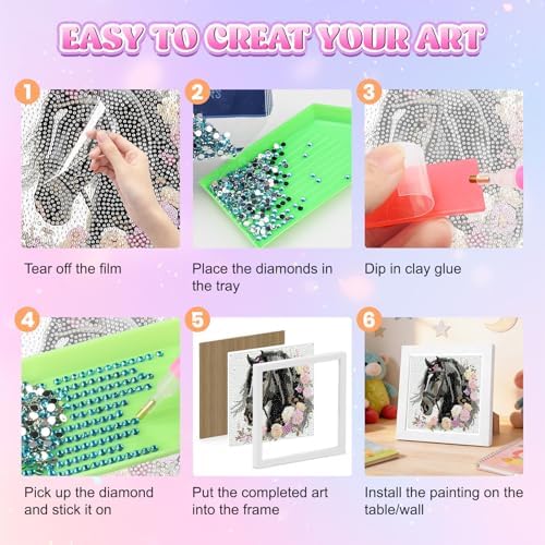 GHHKUD Black Horse Diamond Art Painting Kits for Adults with Frame, Diamond Art Animals Crafts for Ages 4-6-8-12, Easy to DIY Gem Painting Gifts Home Wall Deco 15x15cm (Beautiful Packages) - Image 6