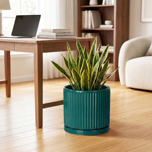 Ceramic Flower Pots, 10 Inch Planter with Saucer, Blackish Green - Image 3