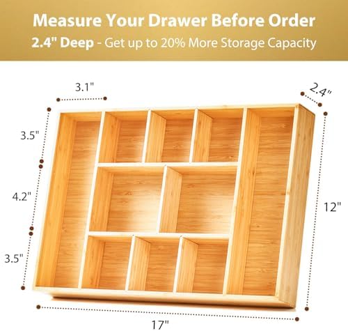 Umilife Extra Large Bamboo Desk Drawer Organizer, Wood Junk Organizer Tray with Adjustable Dividers, Anti-Skip Storage Organization in Office Bathroom Drawer for Vanity, Makeup, 17" x 12" - Image 4