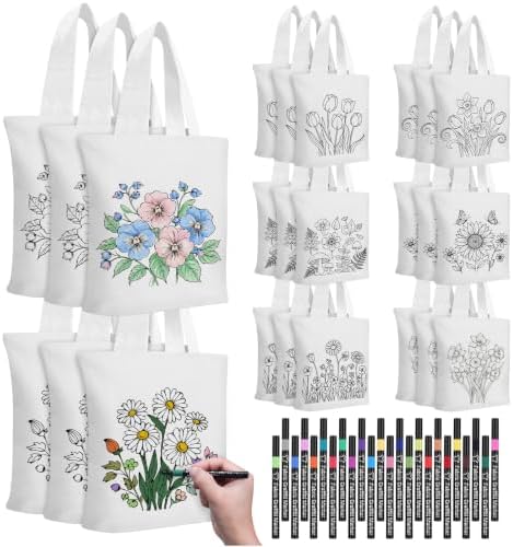 48 Pcs Floral Canvas Tote Bags Kit Craft Paint Color Your Own by SilTriangle