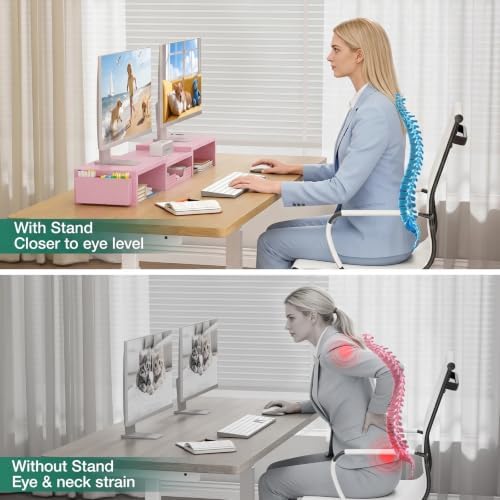 OPNICE Desk Organizer and Accessories, Computer Monitor Stand Riser with Drawer and 2 Pen Holders, Laptop Stand, Office Desk Accessories for Office Supplies, Pink - Image 4