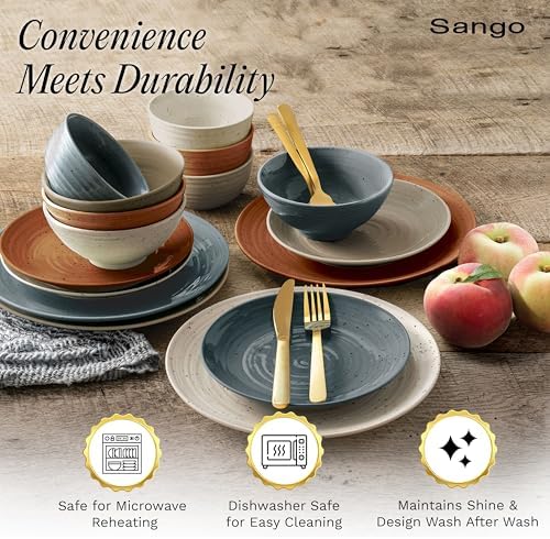 Sango Siterra Painter's Palette 16-Piece Stoneware Dinnerware Set - Service for 4, Ceramic Plates and Bowls Sets, Chip Resistant, Rustic Dishware, Microwave & Dishwasher Safe Kitchen Dishes - Image 4