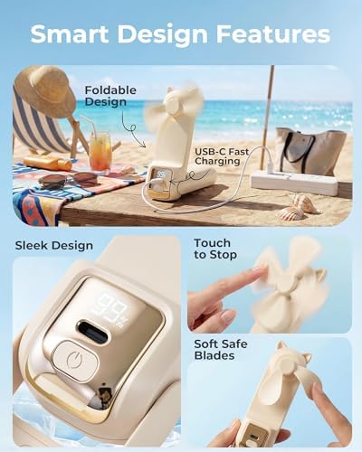 FrSara Portable Handheld Fan, Small Rechargeable Personal Mini Fan, Summer Travel Essentials with 3-Speed, 2000mAh, Great for Outdoor, Makeup, Ideal Gift for Girls, Ladies, Teens, Birthday, Beige - Image 7