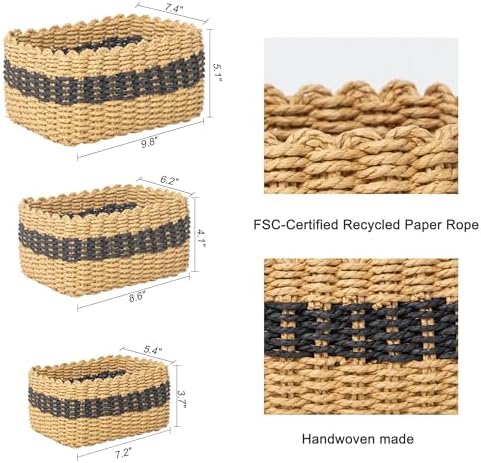 Small baskets for Organizing,Cute woven Storage basket with recycled paper rope for Shelves Bathroom,Little decorative basket,Set of 3 (Desert&Black) - Image 3