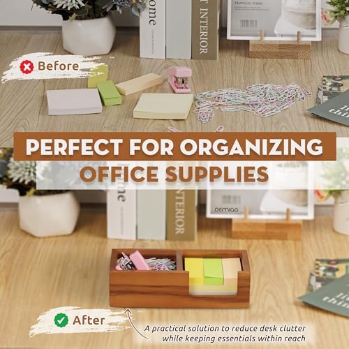 Demigo Acacia Wood Sticky Note Holder, 3x3 in Note Organizer, 2-Compartment - Image 4