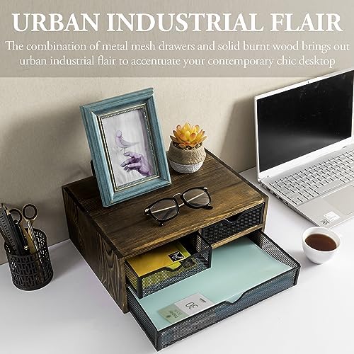 MyGift Rustic Burnt Brown Solid Wood Desktop Organizer Box with 3 Removable Black Metal Mesh Trays, Office Desk Supplies Storage Drawers for Accessories - Image 4