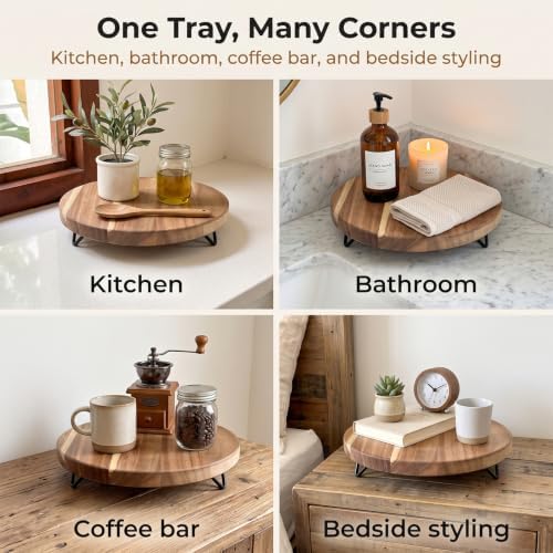 WILDMOS Decorative Round Wood Riser for Display,Pedestal Tray for Home or Kitchen and Bathroom Countertop Organizer,Farmhouse Kitchen Counter Decor Tray. (10-inch) - Image 5