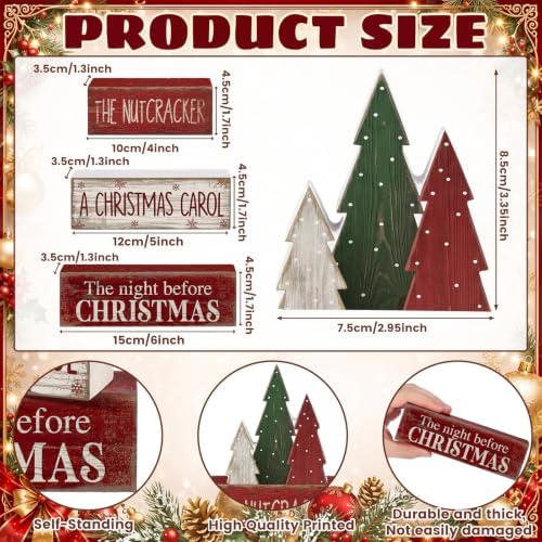 Moucuny 4 Pcs Christmas Table Decorations Rustic Christmas Tree Stacked Wooden Signs Decor Red Green and White Winter Tiered Tray Decor Xmas Table Centerpiece Farmhouse for Home Kitchen Shelf - Image 2