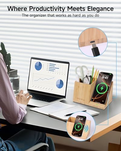 Bamboo Pen Holder for Desk & Nightstand Organizer with Fast Wireless Charging for iPhone, Samsung & More – Office Desk Accessories for Men/Women (Bamboo) - Image 3