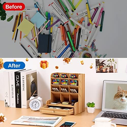 Marbrasse Wooden Desk Organizer, Multi-Functional DIY Pen Holder, Organizer for desk, Desktop Stationary, Easy Assembly, Home Office Art Supplies Storage with Drawer (B11-Cherry Color) - Image 5