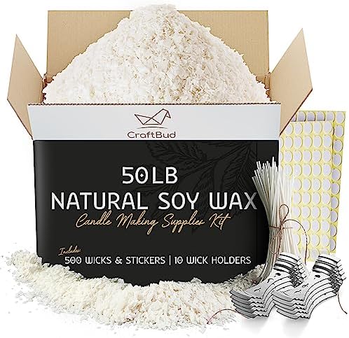 CraftBud Soy Candle Wax for Candle Making – Natural Soy Wax for Candle Making 50 lb Bag, Candle Making Wax, 50 Lbs. Soy Wax Flakes, 500 Candle Wicks, 500 Wick Stickers, and 10 Metal Centering Devices by CraftBud