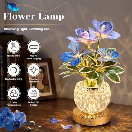 Flower Table Lamp, 3 Colors Touch Stepless Dimming Orchid Night Light, Rechargeable Artificial Flower Light, LED Flower with Vase Lamp Romantic Decor for Date Party Home (Purple - Cymbidium) - Image 6