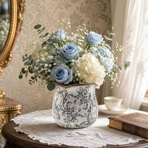 Ceramic-Planters-for-Indoor-Plants with Saucer, 6 inch Vintage Ice Crackle Glaze Plant Pots with Drainage Holes, Decorative Flower Pots for Outdoor Garden Home Decor, Tuscan Pot for Plant - Image 3
