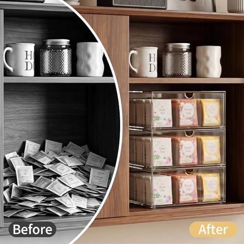 3 Pack Clear Tea Bag Organizer Drawer, Stackable Tea Storage Chest with Dividers for Kitchen, Pantry, Bathroom, Vanity, Countertop – Multi-Purpose Coffee, Cosmetic, Jewelry, Craft Acrylic Storage Bins - Image 5