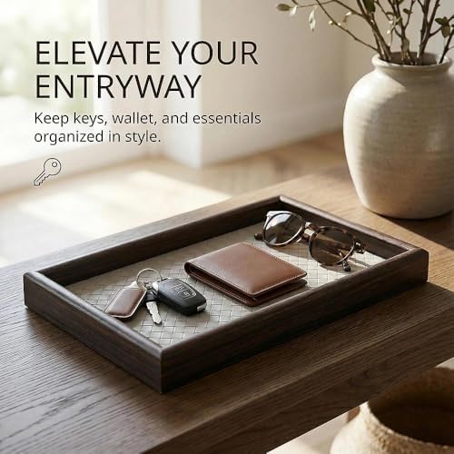 Wooden Valet Tray with Leather Base - Nightstand Catchall Organizer for Cologne, Perfume, Keys, Wallet, Phone, Watch, Jewelry & Sunglasses (Llight Gray) - Image 2