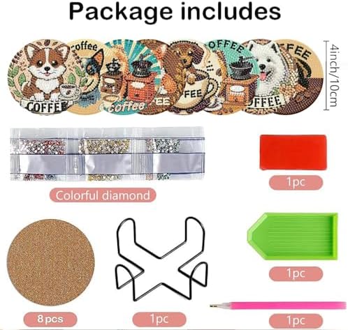 Clendo 8 PCS Coffee Dog Diamond Art Coaster Kits with Holder - Diamond Painting for Adults Beginners - 5D Gem Art Dots Paintings with Cork Pads - Crafts Supplies - Image 2