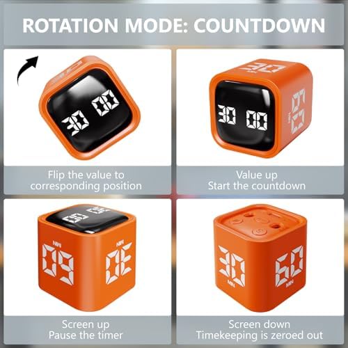 GuDoQi Multi-Function Cube Timer, 5/10/30/60 Min & Custom Count Down, Included Pause & Resume Feature, Silent, Vibrate & Adjustable Sound Alarm for Productivity in Tasks, Study & Kitchen, Orange - Image 3