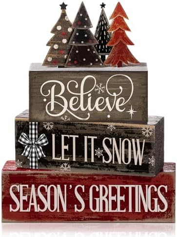 Moucuny 4 Pcs Christmas Decor Wooden Block Signs for Tiered Tray Table by Moucuny