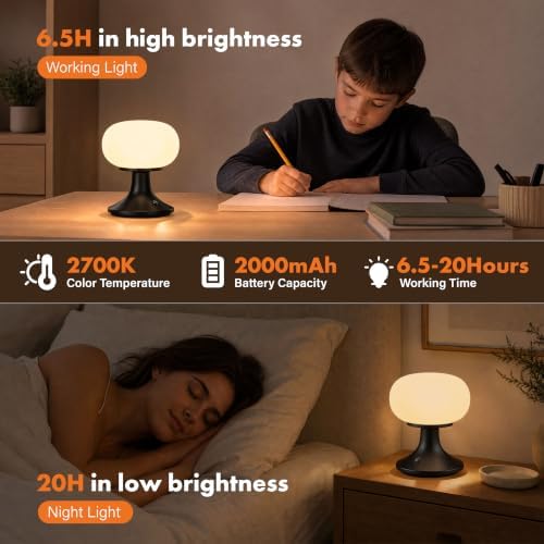Cordless Mushroom Table Lamp - Stepless Dimming - 2700K Warm Light - Black - Image 5