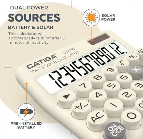 CATIGA Mechanical Switch Calculator with Solar and Battery Dual Power, 12-Digit Large LCD Display, Aesthetic and Cute Desktop Calculator with Big Button, for Home, School and Office Use, SD-1299 - Image 4