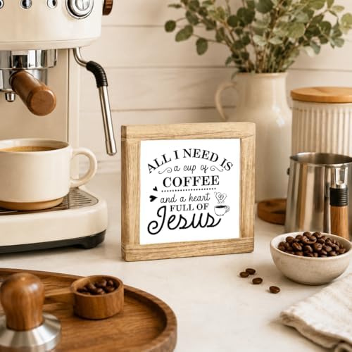 Christian Coffee Wood Sign, Cup Of Coffee And Heart Full Of Jesus Plaque, Faith Kitchen Counter Decor, Rustic Farmhouse Shelf Accent For Coffees Bar Prayer Room Gift, 5.9 x 5.9 in - Image 4