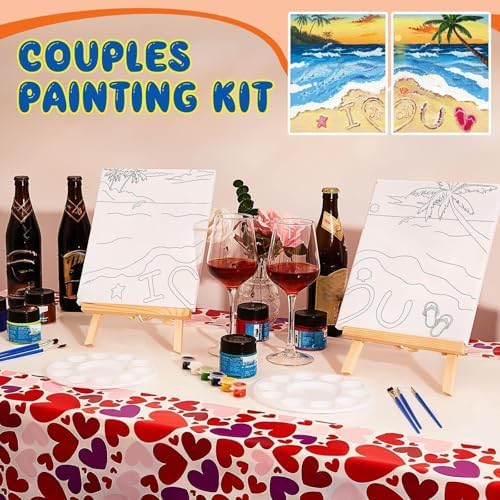 Yeaqee 13 Pcs Sip and Paint Kit for Adults Stretch Canvas Date Night Valentines Painting Kit Supplies Art Painting Set Outline Design Blank Stretch Canvas for Couple Party(Beach,10 x 8 Inch) - Image 5