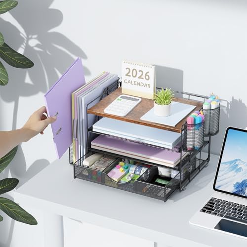 gianotter Desk Organizers and Accessories with File Holder, 4-Tier Desk Accessories & Workspace Organizers with Drawer and 2 Pen Holder, Paper Organizer for Office Supplies (Wood) - Image 6