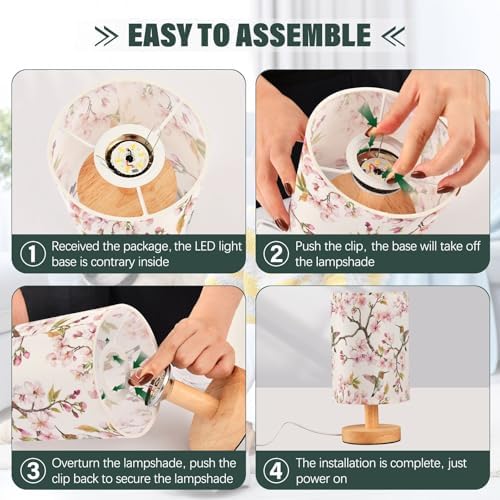 Pink Cherry Blossoms Hummingbird Bedside Table Lamps with USB Port for Bedroom Lamp Table Lamp Small Nightstand Lamp Sturdy Linen Shade Wooden Decorative Lamps for Home Dorm Office Living Room - Image 6