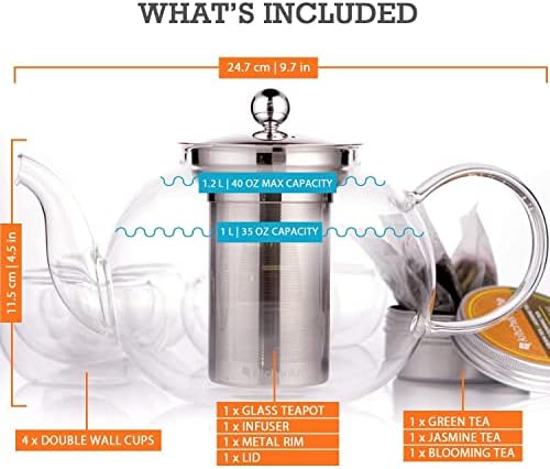 Kitchen Kite Glass Teapot Set with 4 Double Wall Tea Cups & Removable Stainless Steel Infuser, 35oz/1000ml Borosilicate Tea Kettle Stovetop Safe, Loose Leaf & Blooming Tea Maker Gift Set for Women - Image 4