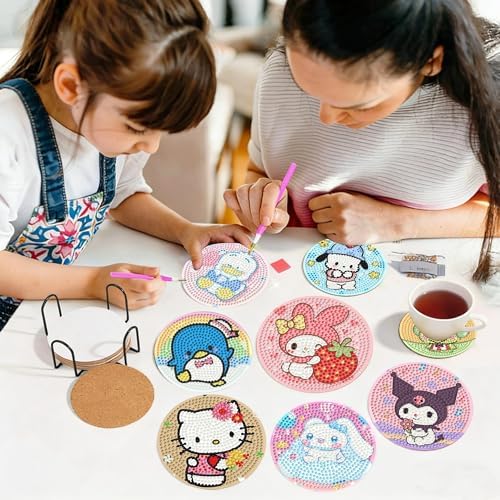 8Pcs Diamond Art Painting Coasters Beginners with Holder,DIY Cartoon Life Coaster Diamond Art Kits for Adults Kids, Small Mini Kit Round Full Drill Diamonds Art Craft Supplies 4X4 Inch - Image 4