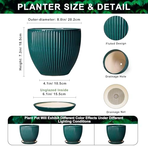 Ceramic Planter, 8 Inch Plant Pots with Drainage Hole and Saucer, Round Flower Pots for Indoor Plants, Modern Decorative Pot for Plants, Bathroom Decor, Gifts for Plant Lovers, Blackish Green - Image 2