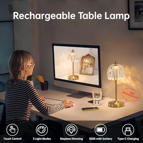 Shenmoyl Tulip Table Lamp with 5000mAh Battery & Touch Control, Cordless Table Lamp with 3 Colors, Dimmable Rechargeable Table Lamps for Bedroom, Nightstand, Living Room, Entryways (Transparent Tulip) - Image 2