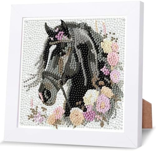GHHKUD Black Horse Diamond Art Painting Kits for Adults with Frame, Diamond Art Animals Crafts for Ages 4-6-8-12, Easy to DIY Gem Painting Gifts Home Wall Deco 15x15cm (Beautiful Packages) by GHHKUD