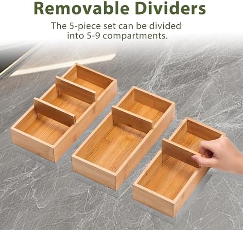 Bamboo Drawer Organizers Set with Removable Dividers, 5PCS Adjustable Multi-Use Wood Storage Organizers(5-9 Grids), Desk Drawer Tray for Bathroom, Office, Dresser, Storage Box for Jewelry, Makeup - Image 2