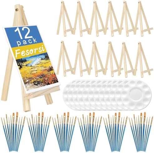 Mini Easels 12 Pack, Small Easels for Painting 24cm/9 Inch, Folding Design, Small Easel with 12 Palettes and 60 Brushes, Suitable for Outdoor Painting Party by Fesorsi