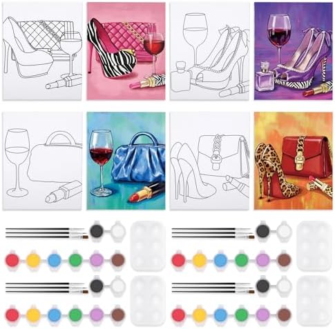 VOCHIC 4 Pack Sip and Paint Kit for Adults,Pre Drawn Canvas for Painting Party Supplies Girls Night Games Couples Paint Art Set Fashion Accessories 8x10 in by VOCHIC