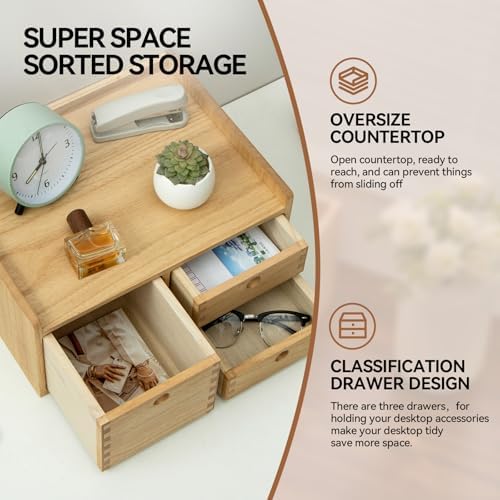 KIRIGEN Wooden Desk Organizer with 3 Drawers and Top Tray Natural DT1D3C-NA - Image 3