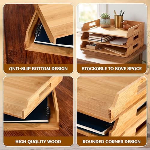 AceOrbit 3 Pcs Stackable Paper Tray Bamboo Wood Desk Organizer Letter Tray - Image 3