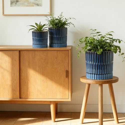 HASENSE Ceramic Pot for Plants, 3-Pack (8/6/4.6 inch) Medium Flower Planter with Drainage Holes & Tray, Rective Glaze Plant Pots Indoor with Ribbed Design, Kithen Home Office Decor, Blue - Image 3