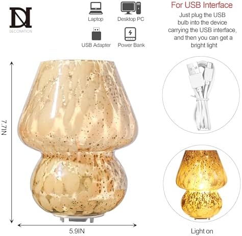DN DECONATION Glass Mushroom Lamp Cordless Table Desk Lamp for Bedroom - Image 3