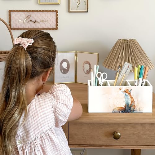 Fox Pen Pencil Holder for Desk Accessories, Fox Gifts for Women, Animal Lovers Gifts, Rustic Butterfly Wild Animal Wooden Box Sign Decorations for Kids Room Home Office Desk Tabletop - Image 4