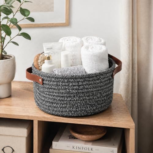Small Woven Cotton Rope Basket with Leather Handle, Grey - Image 6