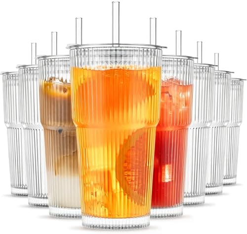 INSETLAN 8-Piece Glassware Set – 20 oz Ribbed Glass Tumblers with Lids and Glass Straws, Heavy-Duty Tumblers, Ideal for Iced Coffee, Smoothies, Cocktails, and Juices – Elegant and Durable Drinkware by INSETLAN