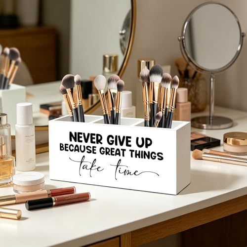 Inspirational Pen Pencil Holder Organizer for Home Office Classroom Desk Accessories, Never Give Up Because Great Things Take Time Motivational Positive Wood Signs for Desk Tabletop Decor - Image 3