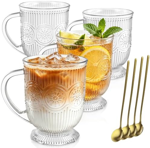 KEMORELA 16oz Vintage Glass Coffee Mugs Set,Large Glass Mugs with Handle by KEMORELA
